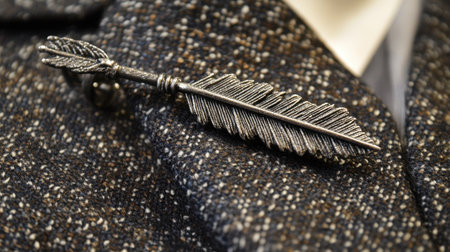 Close-up image showcasing a vintage silver feather brooch on textured dark fabric, perfect for adding a unique touch to formal outfits and fashion accessories.の素材