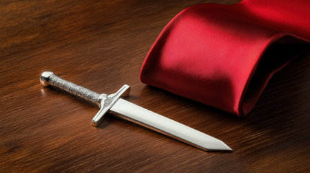 This striking image features a beautifully crafted silver sword resting on a wooden surface, accompanied by a rich crimson ribbon, showcasing elegance and sophistication.の素材