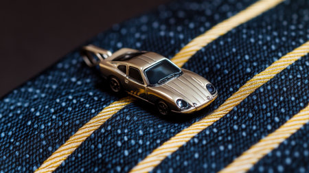 A striking image of a miniature gold car positioned on a finely patterned fabric, blending luxury and fashion in a sophisticated setting. Perfect for lifestyle or automotive themes.の素材