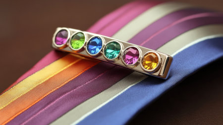Captivating brooch featuring colorful gemstones displayed on a variety of satin ribbons, ideal for accentuating fashion items and enhancing elegance.の素材