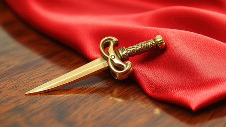A close-up shot of a stunning golden dagger resting on rich red satin fabric. The intricate handle design and gleaming blade create a striking visual contrast, highlighting elegance and luxury.の素材