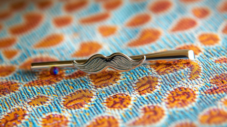 A close-up of a stylish silver pen designed in the shape of a mustache, resting on vibrant and colorful patterned fabric, perfect for quirky office supplies.の素材