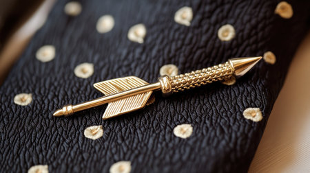 A stylish gold arrow brooch sits on luxurious black fabric featuring a polka dot design. This accessory captures elegance and can enhance any outfit.の素材