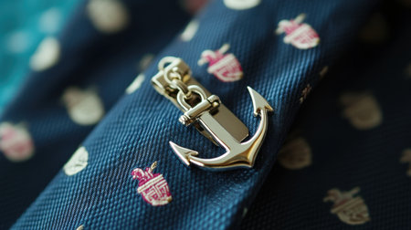 This image showcases a sophisticated fashion accessory with an anchor design, resting on a textured fabric backdrop adorned with stylish emblem patterns, perfect for elegant attire.の素材