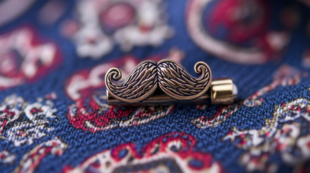 A vintage mustache tie clip displayed on a beautifully patterned blue fabric background, highlighting intricate design and elegance in men's fashion.の素材