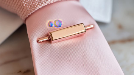 Close-up view of an elegant rose gold tie clip resting on soft pink fabric, showcasing high-quality craftsmanship and stylish design for fashion enthusiasts.の素材