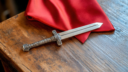 This stunning image features an elegant silver dagger placed on vibrant red fabric against a rustic wooden table, showcasing intricate design and craftsmanship.の素材