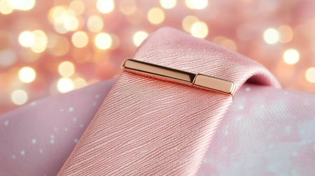 This captivating image showcases a pink silk tie with a sleek tie clip against a soft bokeh background, perfect for fashion and accessory themes.の素材