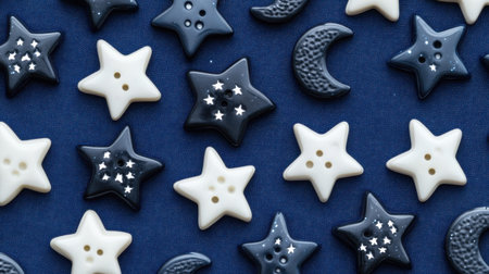 This image showcases decorative buttons in star and moon shapes, featuring navy blue and white colors, perfect for various crafting projects and textile designs.の素材
