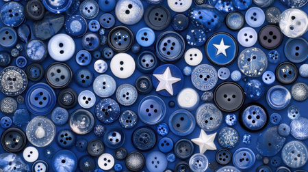 A visually appealing display of blue buttons in different sizes and shapes, perfect for craft projects, sewing, and artistic endeavors. The array showcases various textures and colors.の素材