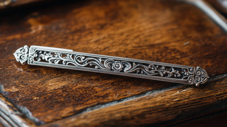 A beautifully crafted vintage silver pendant with intricate designs rests on a wooden surface, showcasing elegant craftsmanship and rich textures.の素材