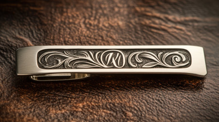 This elegant silver tie clip features intricate floral engraving, adding a touch of sophistication to any formal attire. The shiny metal contrasted with a leather background enhances its luxe appeal, making it a perfect gift or accessory for modern men.の素材