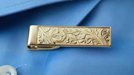 Close-up shot of an elegant gold tie clip resting on a soft blue shirt, showcasing intricate floral engravings that enhance formal fashion styles.の素材