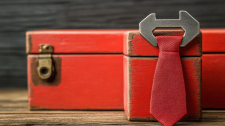 This unique image showcases a red box with a tie emblem, representing the fusion of business professionalism and craftsmanship, perfect for creative projects.の素材