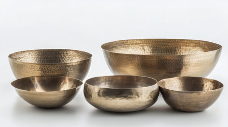 This image features a stunning collection of hammered metal bowls in various sizes, showcasing a warm golden finish perfect for enhancing modern decor.の素材