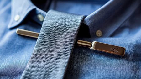 This close-up image features an elegant tie clip securing a necktie on a blue dress shirt, highlighting luxury, style, and attention to detail in men's fashion.の素材