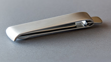 This image features a sleek silver tie clip resting on a gray background, highlighting its elegant design and craftsmanship, perfect for professional attire.の素材