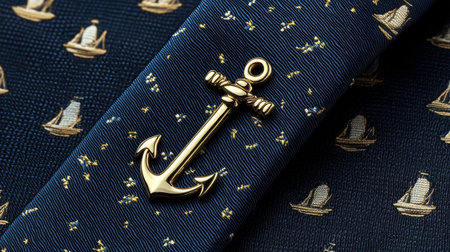 This image showcases an elegant navy tie adorned with a gold anchor accessory and intricate sailboat patterns, perfect for nautical-themed fashion.の素材