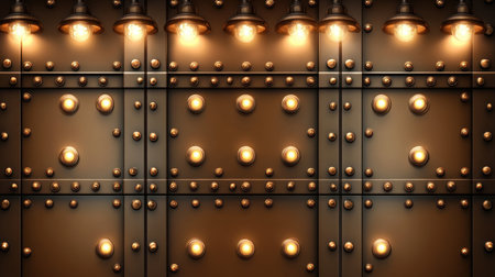 This image showcases an industrial metal wall adorned with rivets and warm hanging lights, perfect for adding modern charm to urban interiors.の素材