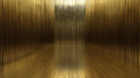 This image features a golden interior space with glossy walls and a reflective floor, creating an elegant and luxurious atmosphere for modern designs.の素材