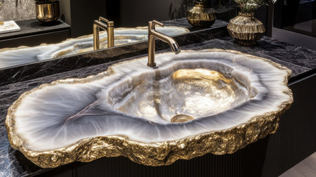 Discover a luxurious bathroom sink featuring a stunning agate stone design with gold accents, set on a dark marble countertop for a sophisticated touch.の素材