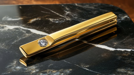 This captivating image features an elegant gold-plated lighter with a diamond accent resting on a luxurious marble surface, showcasing sophistication and style.の素材