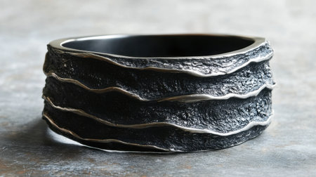 This eye-catching black bracelet features a unique textured design with elegant silver accents, ideal for modern fashion lovers and art enthusiasts.の素材