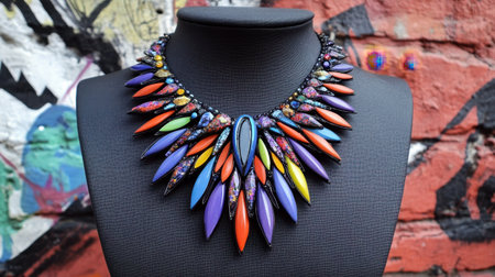 This vibrant and artistic necklace showcases a unique design with colorful gemstones, perfect for fashion enthusiasts and jewelry collectors.の素材