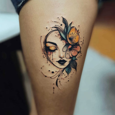 A stunning tattoo design showcasing a woman's face adorned with colorful floral elements, combining beauty and artistry for unique body decoration.の素材