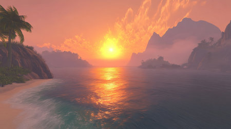 A breathtaking view of a tropical beach at sunset, showcasing vibrant colors in the sky, calm waters, and majestic mountains in the background.の素材