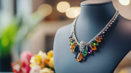 An exquisite close-up of a colorful gemstone necklace elegantly displayed on a mannequin against a vibrant floral backdrop, radiating luxury and style.の素材