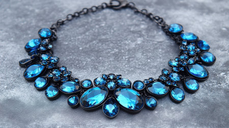 This stunning blue gemstone necklace features a captivating design with vibrant stones set on a textured gray surface, showcasing elegance and luxury.の素材