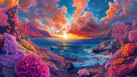 A stunning coastal sunset showcases vibrant colors reflecting off the ocean, surrounded by lush foliage and dramatic clouds, creating a serene atmosphere.の素材