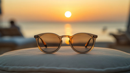 A pair of trendy sunglasses rests on a plush cushion, framed by a stunning sunset over a tranquil ocean, evoking a sense of relaxation and summer bliss.の素材