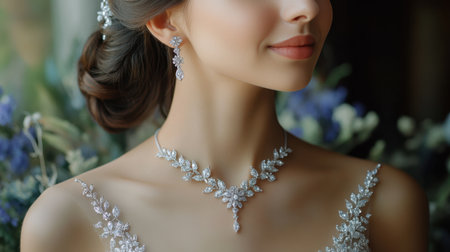A stunning portrait of a woman adorned with elegant jewelry, featuring intricate designs in a soft natural lighting, set against a floral backdrop.の素材