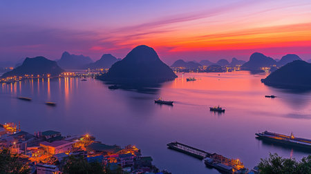 Experience a breathtaking sunset over a tranquil coastal landscape with silhouetted mountains. The vibrant sky colors reflect beautifully in calm waters, creating a serene atmosphere perfect for relaxation and inspiration.の素材