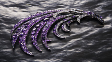 This elegant hair accessory features an intricate design adorned with sparkling purple gemstones, creating a stunning statement piece for any occasion.の素材