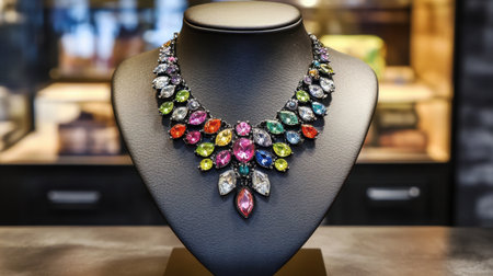 A stunning gemstone necklace is elegantly displayed on a black bust, highlighting its vibrant colors and luxurious design, perfect for fashion and jewelry shows.の素材
