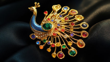 Stunning peacock brooch featuring intricate design and vibrant gemstones, meticulously crafted to create a luxurious and elegant accessory for any occasion.の素材