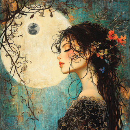 This captivating artwork showcases an ethereal portrait of a woman immersed in a dreamlike atmosphere, adorned by nature's beauty and moonlight.の素材