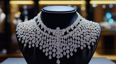 This stunning diamond necklace is showcased elegantly on a black display bust, emphasizing its intricate design and luxurious appeal in a boutique setting.の素材