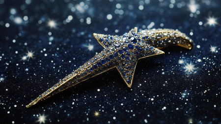 This stunning gold star-shaped brooch is embellished with an array of sparkling gems, perfectly captured against a starry night backdrop, showcasing true luxury.の素材