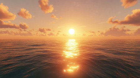 A breathtaking view of a sunset casting warm hues across the calm ocean, with soft clouds and shimmering reflections creating a serene atmosphere.の素材