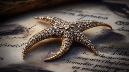 This stunning golden starfish brooch features intricate details and sparkling diamonds, set against a vintage background, ideal for adding elegance to any outfit.の素材