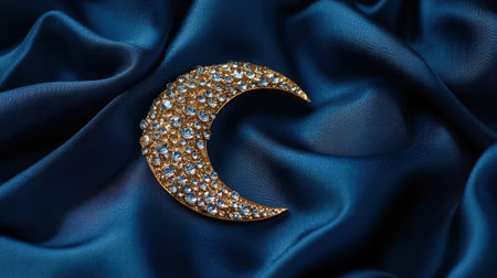 Delicate crescent moon brooch adorned with sparkling crystals, resting elegantly on rich blue satin fabric. Perfect for fashion and accessory lovers.の素材