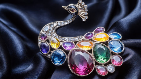 A stunning peacock brooch that showcases a variety of colorful gemstones set against a luxurious dark satin background, reflecting elegance and artistry.の素材