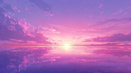 Experience the beauty of a serene sunset over calm water, showcasing vibrant pink and purple skies reflected in its surface, creating a tranquil atmosphere.の素材