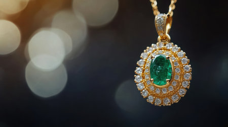 A beautifully designed golden necklace featuring a striking emerald at the center, surrounded by radiant diamonds. The bokeh background adds a touch of elegance and luxury.の素材