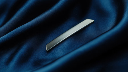 A sleek silver pin rests elegantly on a rich blue satin fabric, showcasing a perfect blend of simplicity and luxury. Ideal for fashion and styling use.の素材