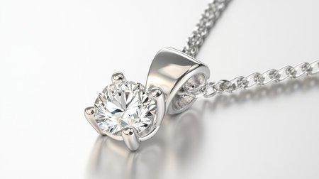 A stunning close-up image of a silver pendant featuring a round diamond, showcased on a delicate chain. The jewelry piece reflects elegance and sophistication, ideal for special occasions or everyday wear.の素材